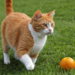 Gato jugando con una pelota naranja
