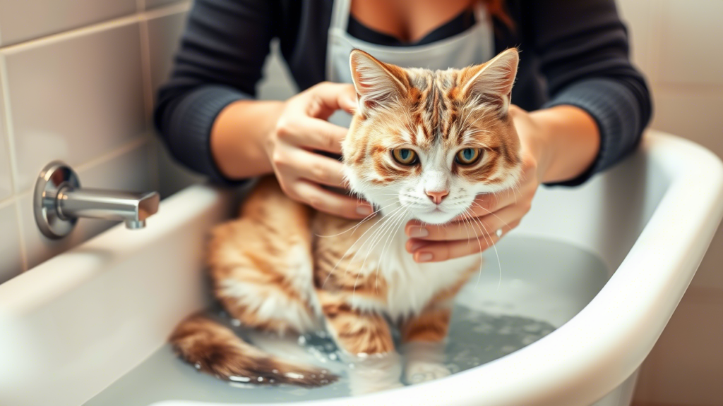 higiene para gatos, bañar a un gato, bañando un gato
